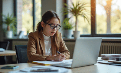 Jeune professionnel concentré au bureau lumineux
