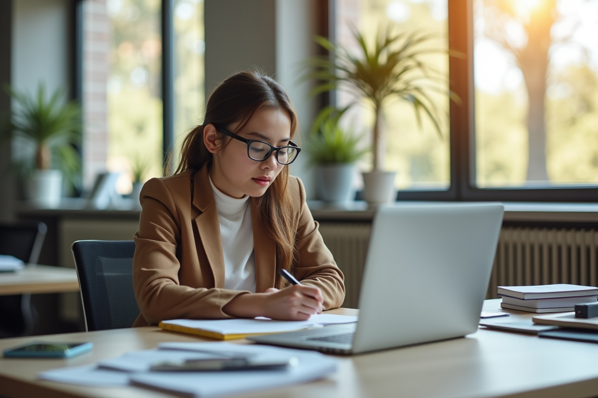 Jeune professionnel concentré au bureau lumineux