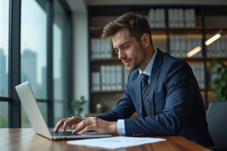 Jeune homme en costume étudiant des graphiques financiers