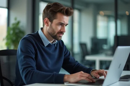 Jeune homme professionnel travaillant sur son ordinateur en bureau moderne