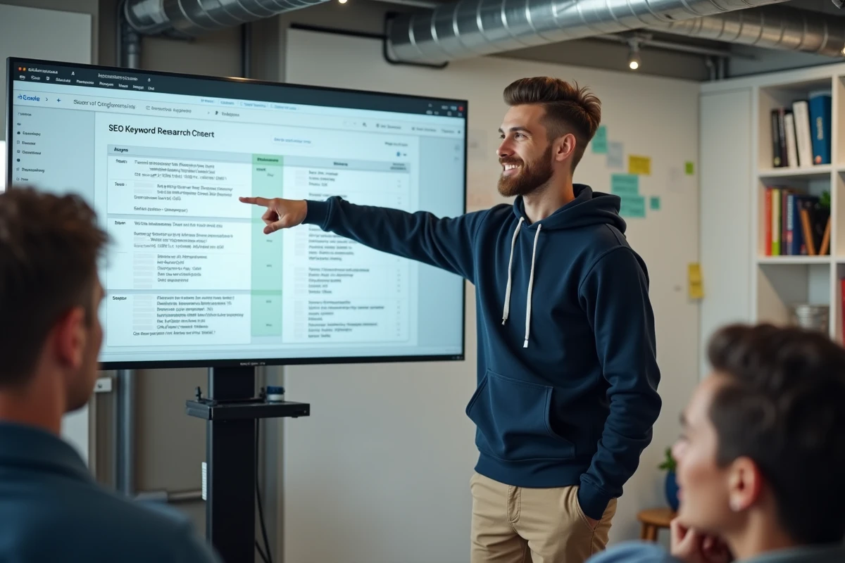 Jeune professionnel en marketing digital présentant une stratégie SEO et de contenu dans une startup