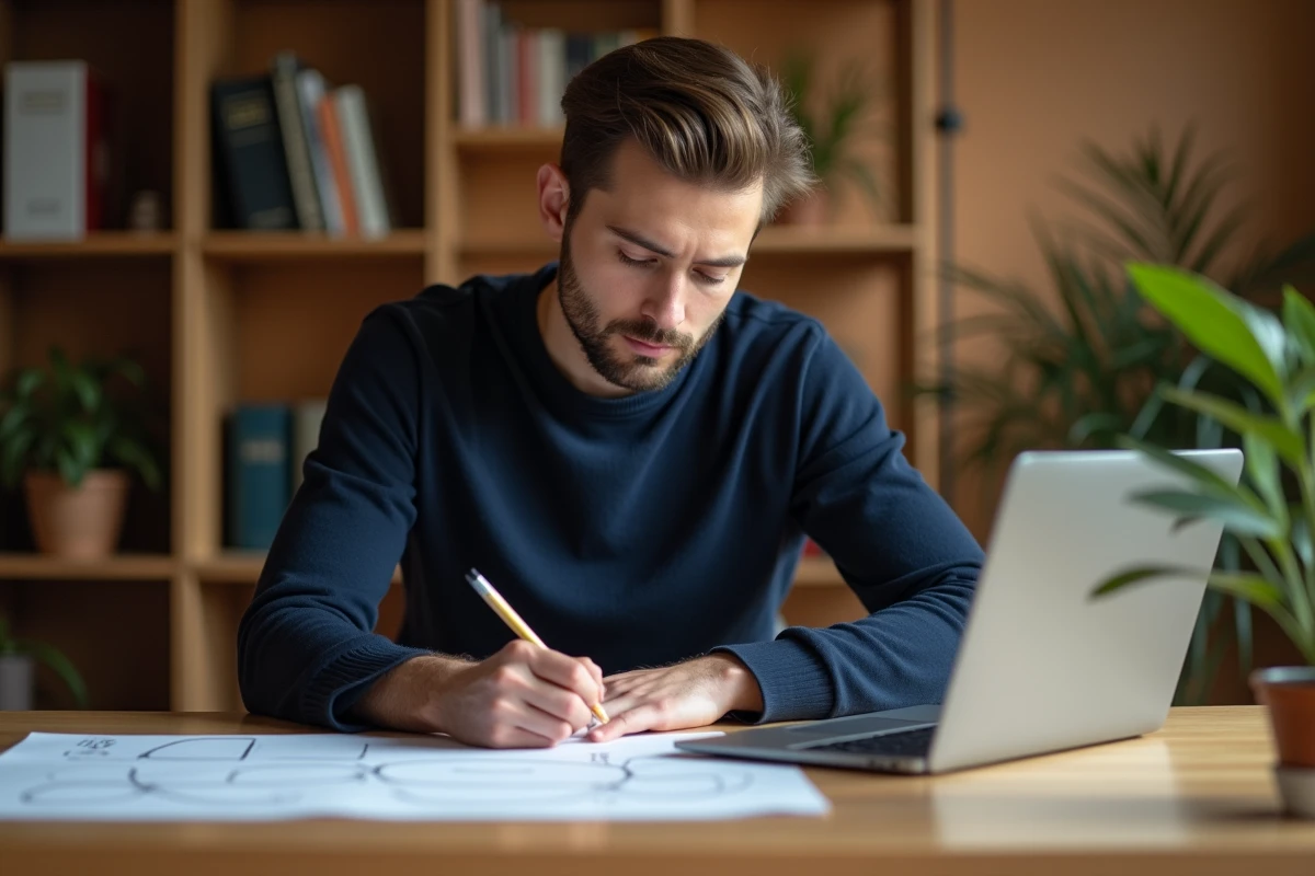 Jeune homme travaillant seul dans un bureau à domicile