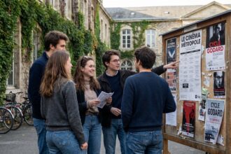 Groupe d'étudiants français devant un panneau d'affichage universitaire