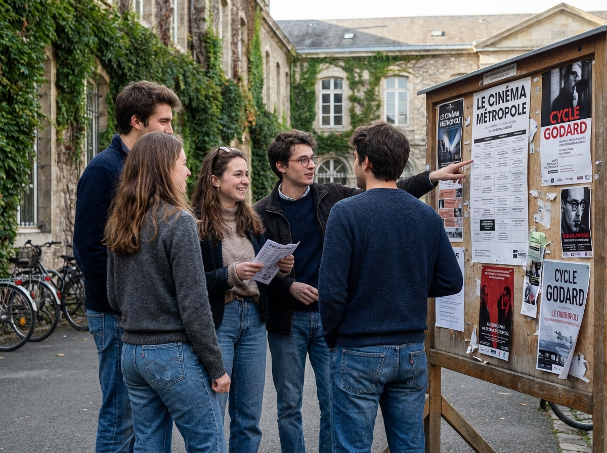 Groupe d'étudiants français devant un panneau d'affichage universitaire