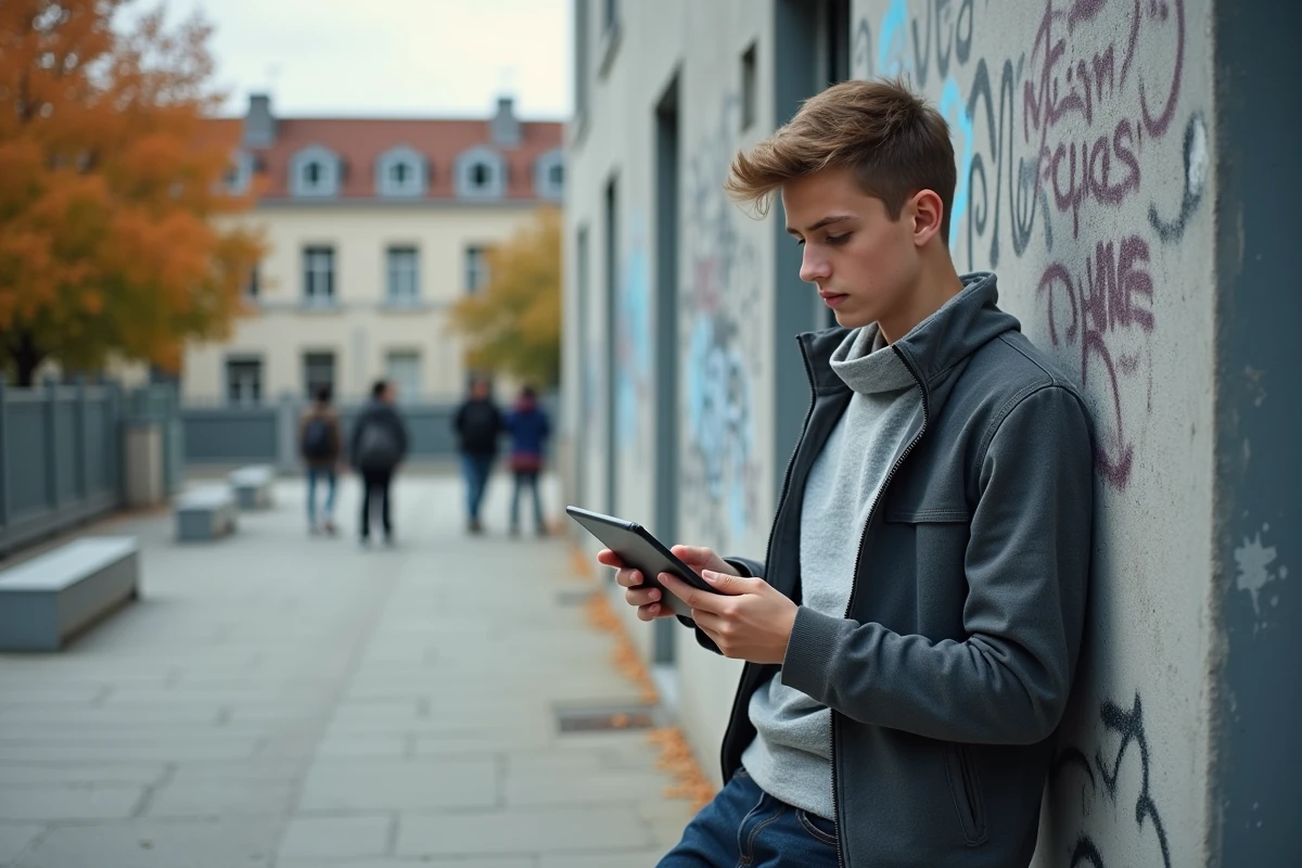 Lycéen utilisant une application mobile éducative sur tablette dans la cour d'un lycée en Île-de-France