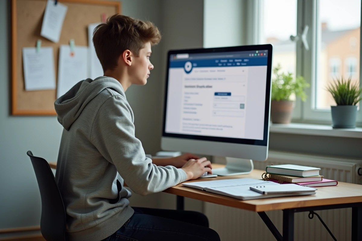 Lycéen configurant son accès ENT sur un ordinateur de bureau dans sa chambre