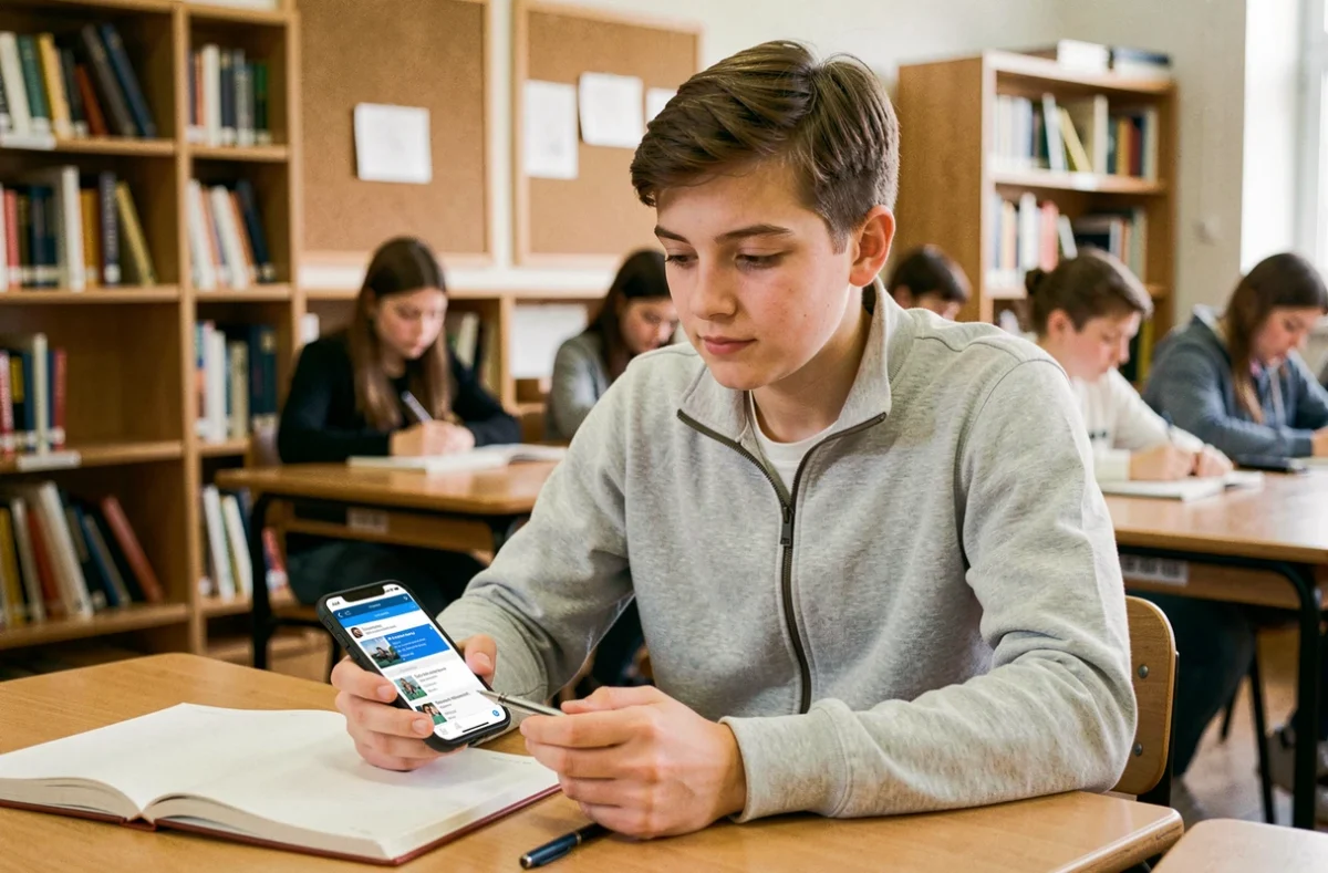Lycéen utilisant l'application ENT Mon Lycée sur téléphone dans une bibliothèque scolaire