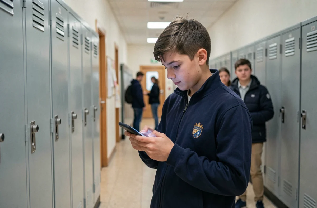 Lycéen accédant au portail PSN MonLycée sur son téléphone portable dans un couloir scolaire