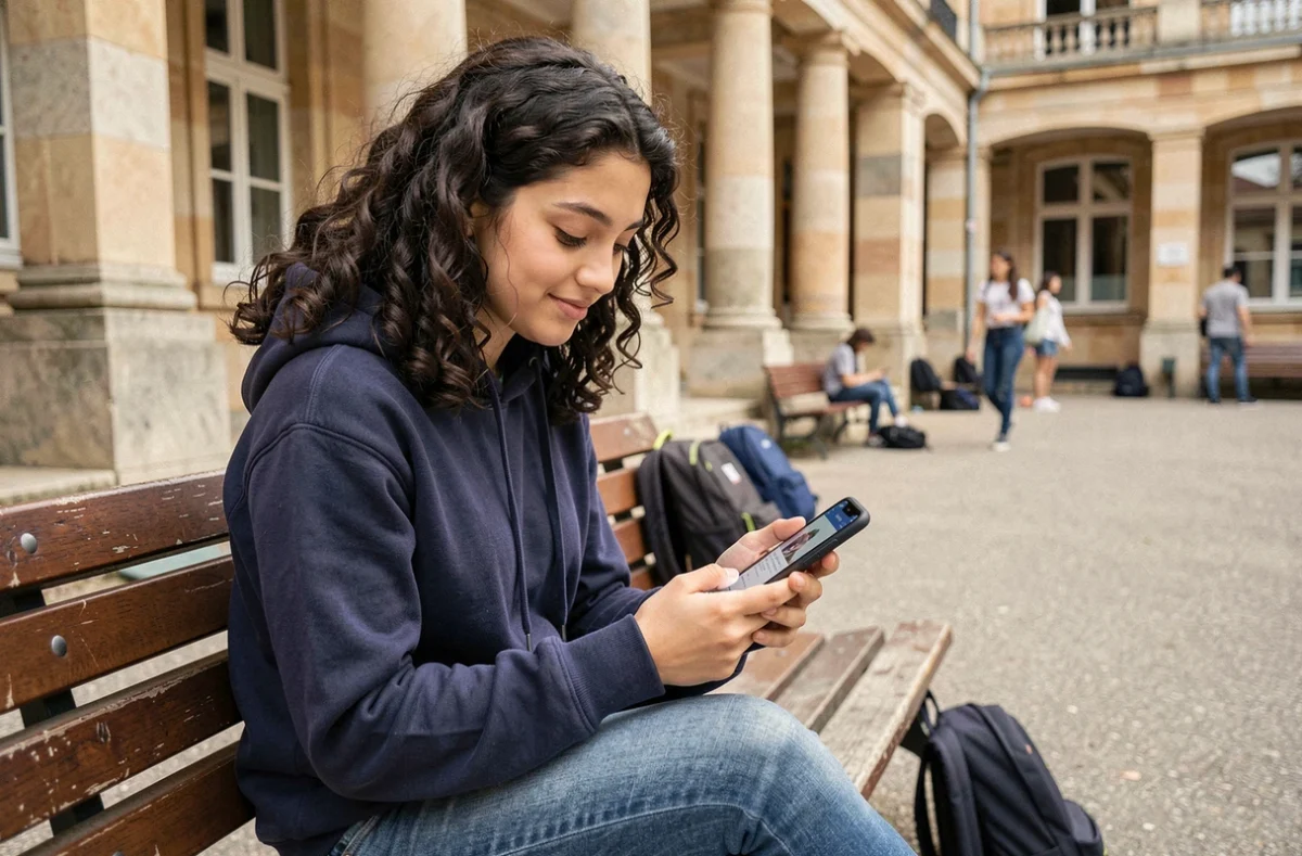 Lycéenne consultant l'application ENT Mon Lycée sur smartphone dans la cour de son lycée