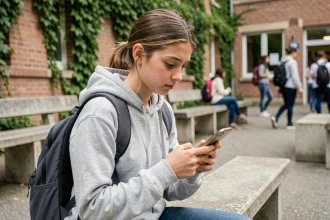 Lycéenne connectée à son espace numérique scolaire PSN sur smartphone dans la cour de lycée