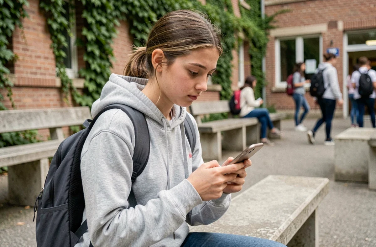 Lycéenne connectée à son espace numérique scolaire PSN sur smartphone dans la cour de lycée