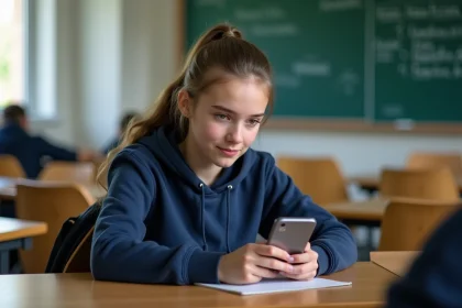 Lycéenne consultant le portail Ent Île-de-France sur son smartphone dans une salle de classe