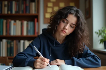 Lycéenne révisant ses sujets de philosophie pour le Bac 2026 à son bureau entouré de manuels et de fiches