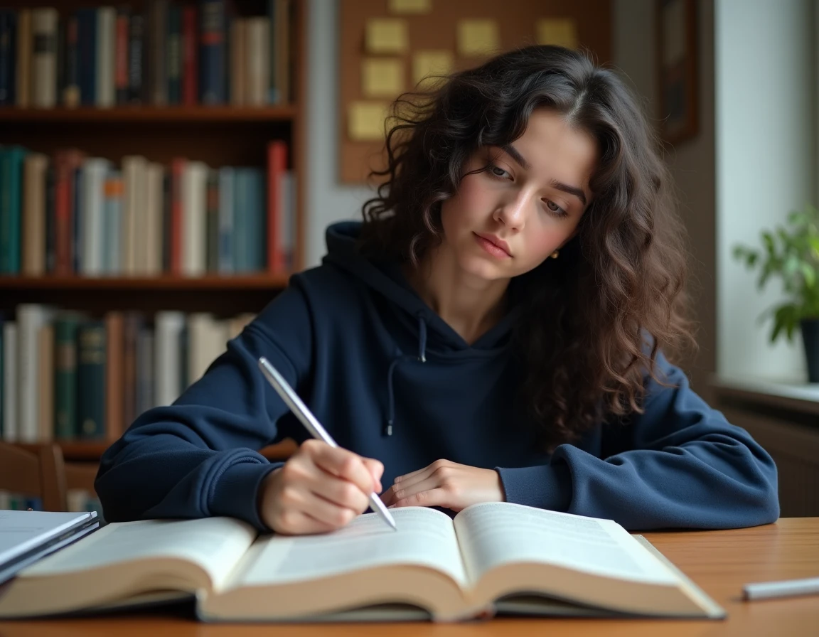 Lycéenne révisant ses sujets de philosophie pour le Bac 2026 à son bureau entouré de manuels et de fiches