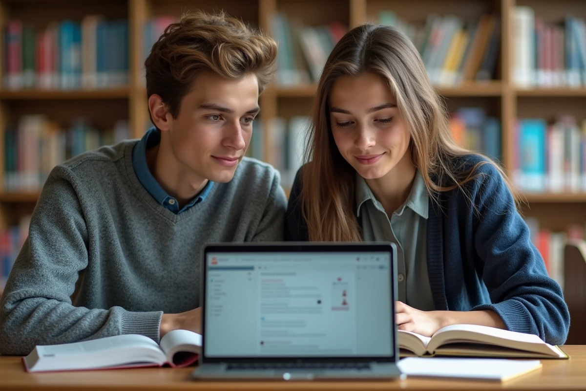 Deux lycéens comparant l'ENT Île-de-France et une application mobile sur ordinateur portable dans une bibliothèque scolaire