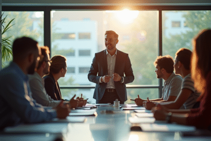 Manager confiant dirige une equipe dans un bureau moderne