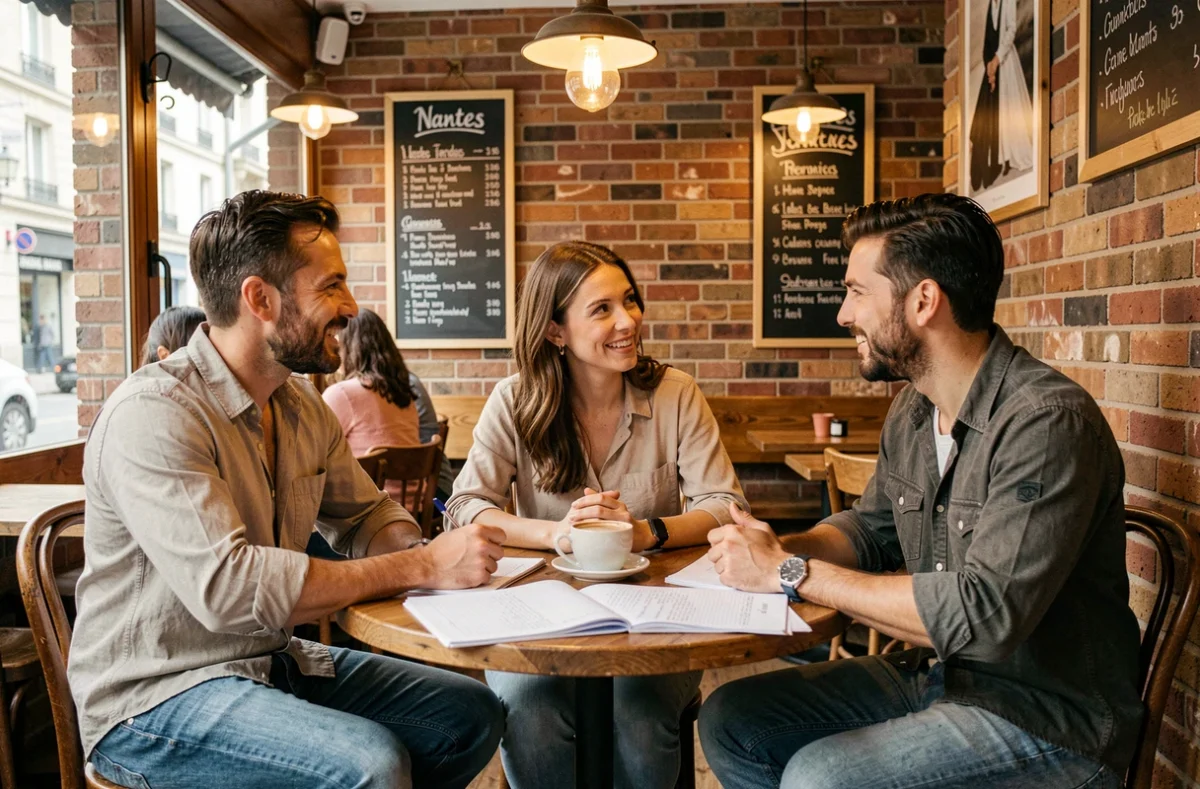 Groupe d'adultes pratiquant l'anglais en immersion locale dans un café nantais avec Marmignon Brothers