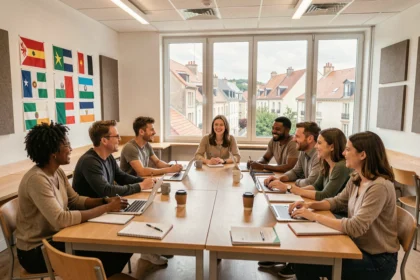 Groupe d'étudiants adultes diversifiés apprenant les langues dans une école moderne des Pays de la Loire