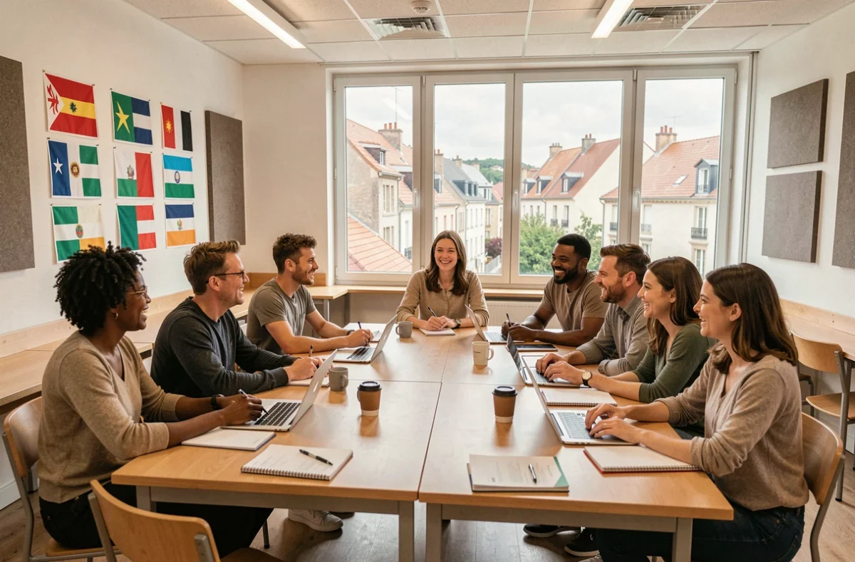 Groupe d'étudiants adultes diversifiés apprenant les langues dans une école moderne des Pays de la Loire