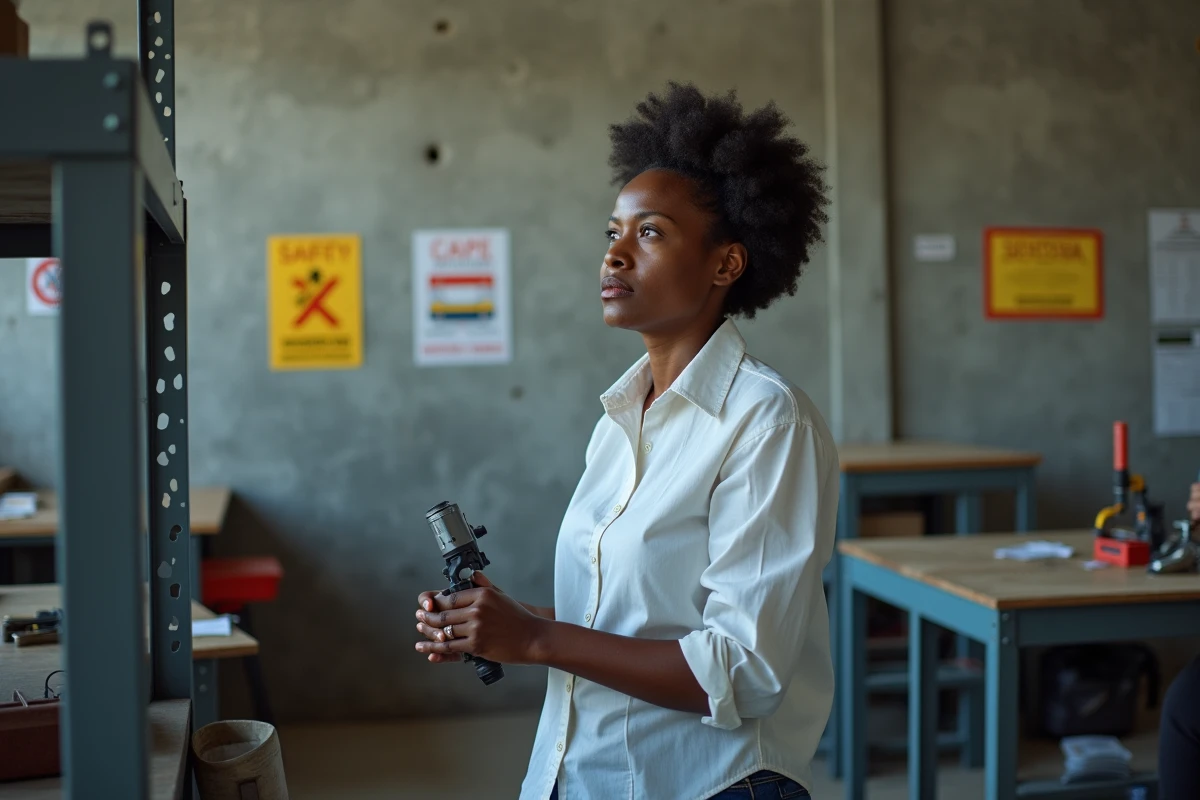 Femme migrante en formation professionnelle dans un atelier de reconversion, apprenant un métier pour régulariser sa situation administrative
