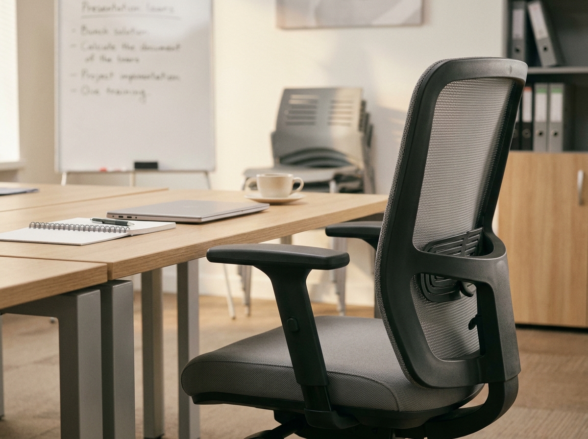 Chaise ergonomique et table modulaire pour salle de formation professionnelle avec accessoires de travail