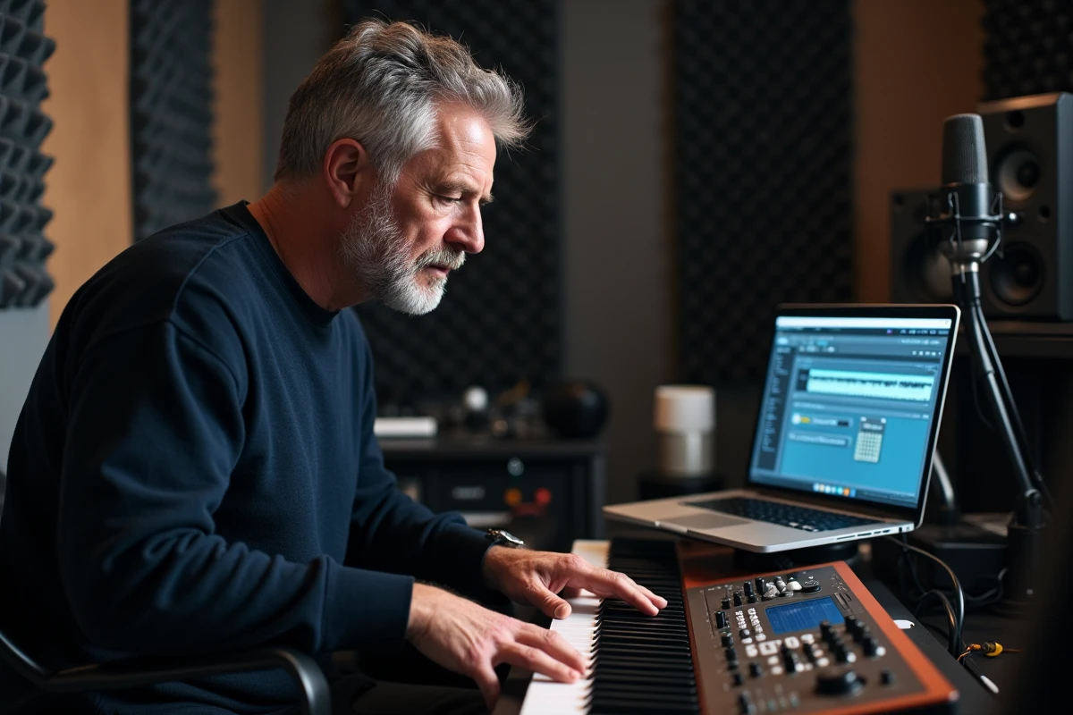 Musicien en studio cherchant la transposition idéale pour interpréter Your Song d'Elton John au chant