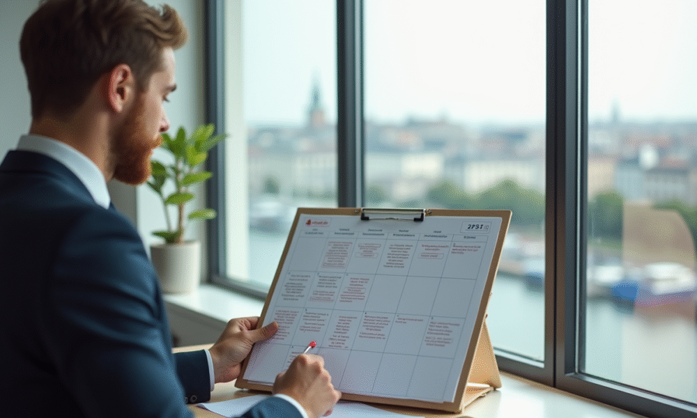 Jeune professionnel organisant son emploi du temps dans un bureau lumineux avec vue sur Le Havre