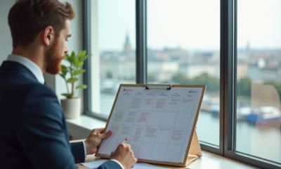 Jeune professionnel organisant son emploi du temps dans un bureau lumineux avec vue sur Le Havre