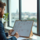 Jeune professionnel organisant son emploi du temps dans un bureau lumineux avec vue sur Le Havre