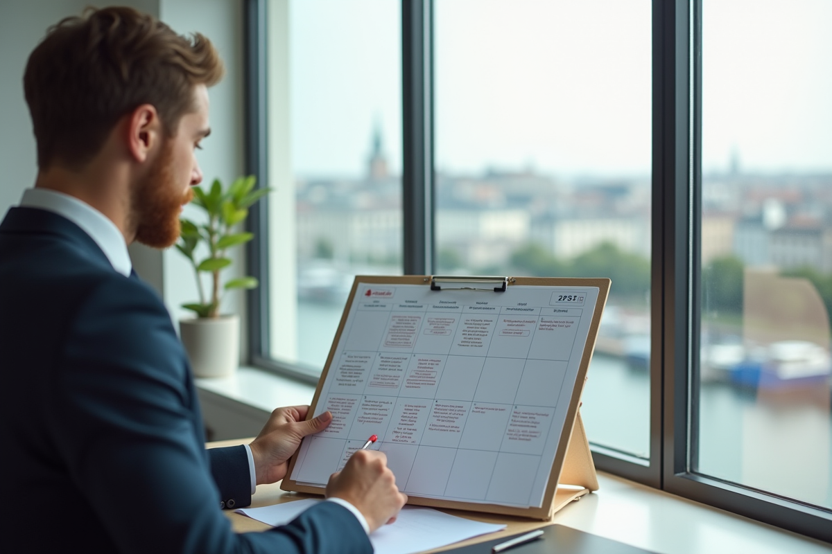 Jeune professionnel organisant son emploi du temps dans un bureau lumineux avec vue sur Le Havre