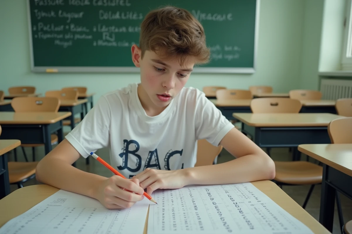 Adolescent concentré jouant au petit Bac dans une salle de classe avec une feuille de mots commençant par Q