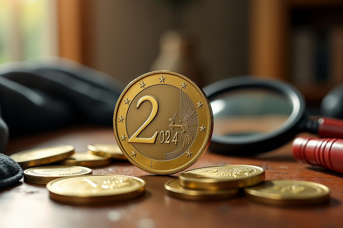 Monnaie 2 euro JO 2024 en gros plan sur bois