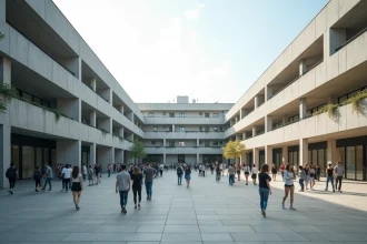 Vue extérieure du plus grand lycée de France avec une cour bondée d'élèves pendant la récréation