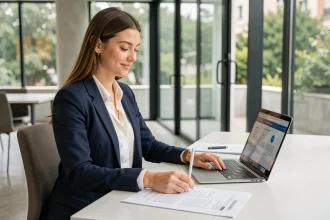 Jeune professionnelle préparant le certificat LVMH Inside LVMH dans un espace de coworking moderne à Paris