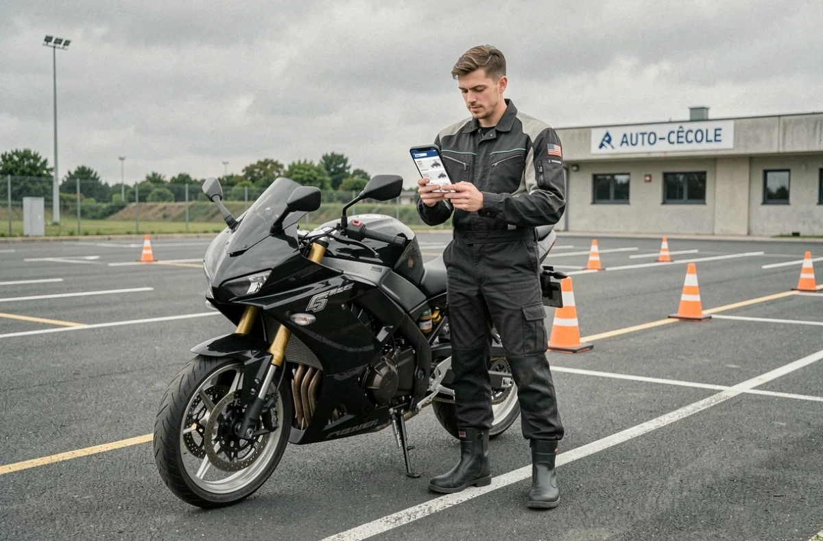 Jeune motard consultant les prix du permis moto sur smartphone dans un circuit d'entraînement d'auto-école