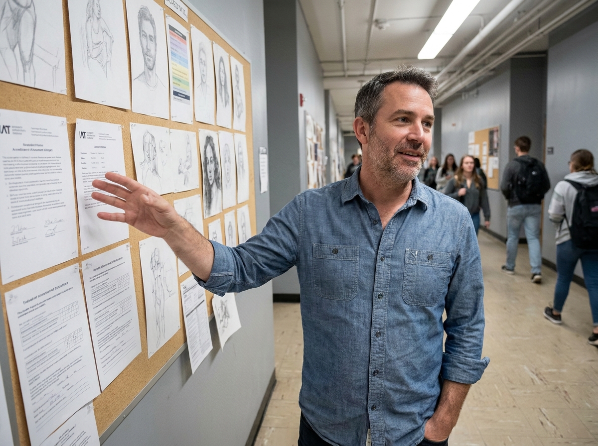 Professeur d'art expliquant les critères d'accréditation des écoles devant un tableau de portfolios étudiants