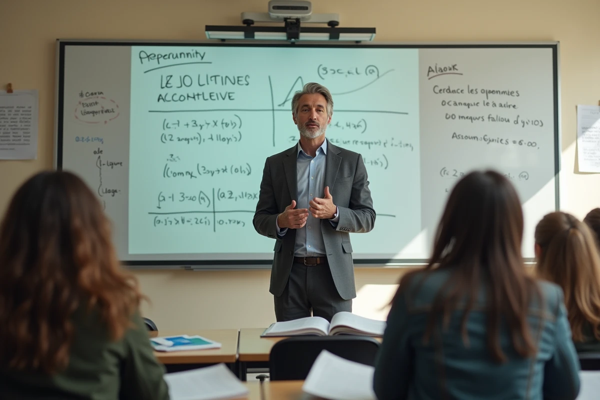 Professeur de comptabilité expliquant les principes du BTS CG à des étudiants dans une salle de classe professionnelle