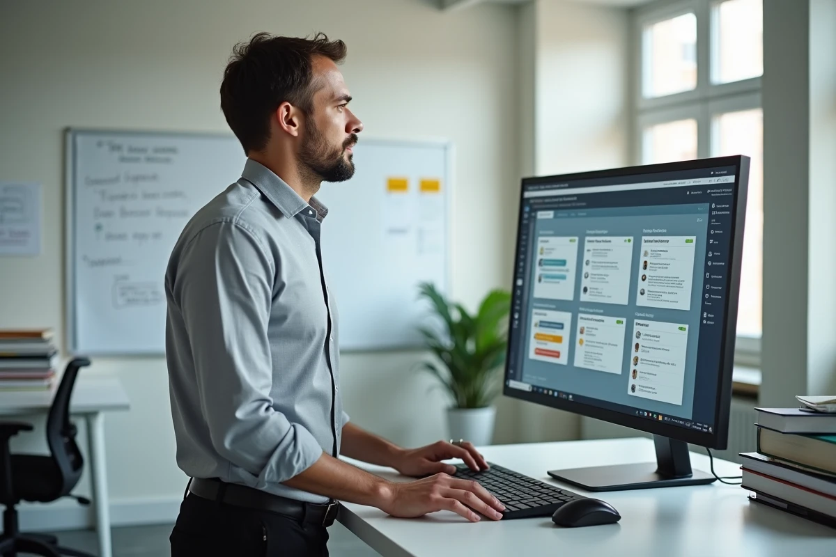 Professeur universitaire personnalisant le tableau de bord Moodle sur un grand écran dans son bureau