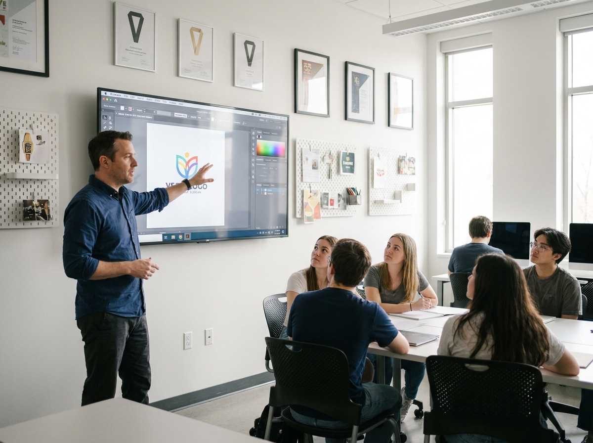 Professeur de design graphique donnant un cours sur la création de logo dans une école spécialisée