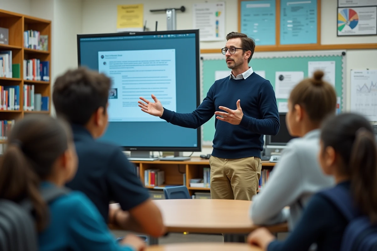 Professeur montrant un tutoriel en ligne à des lycéens en classe
