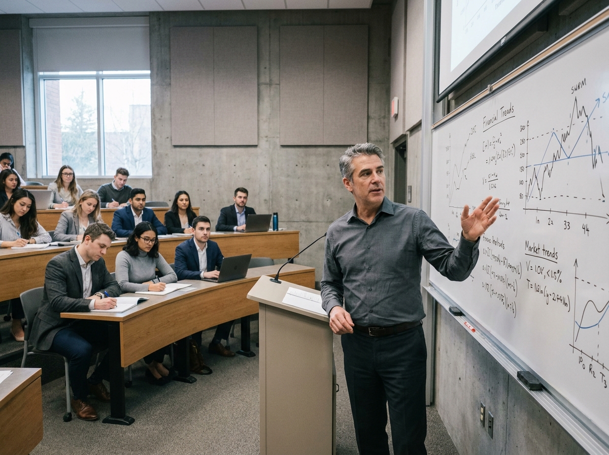 Professeur de finance donnant un cours sur les marchés financiers dans un amphithéâtre universitaire