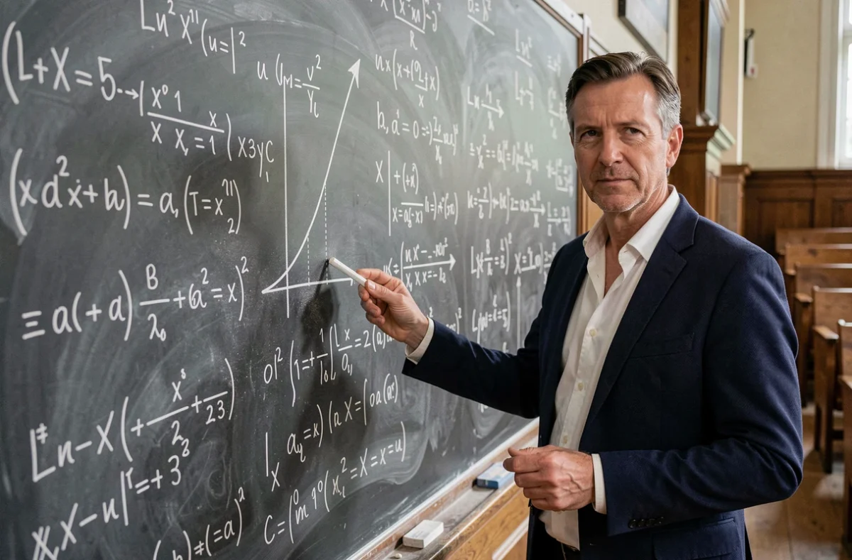 Professeur de mathématiques expliquant les équivalents et les limites au tableau noir dans un amphithéâtre universitaire