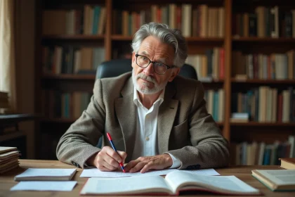 Professeur de philosophie annotant un essai dans son bureau