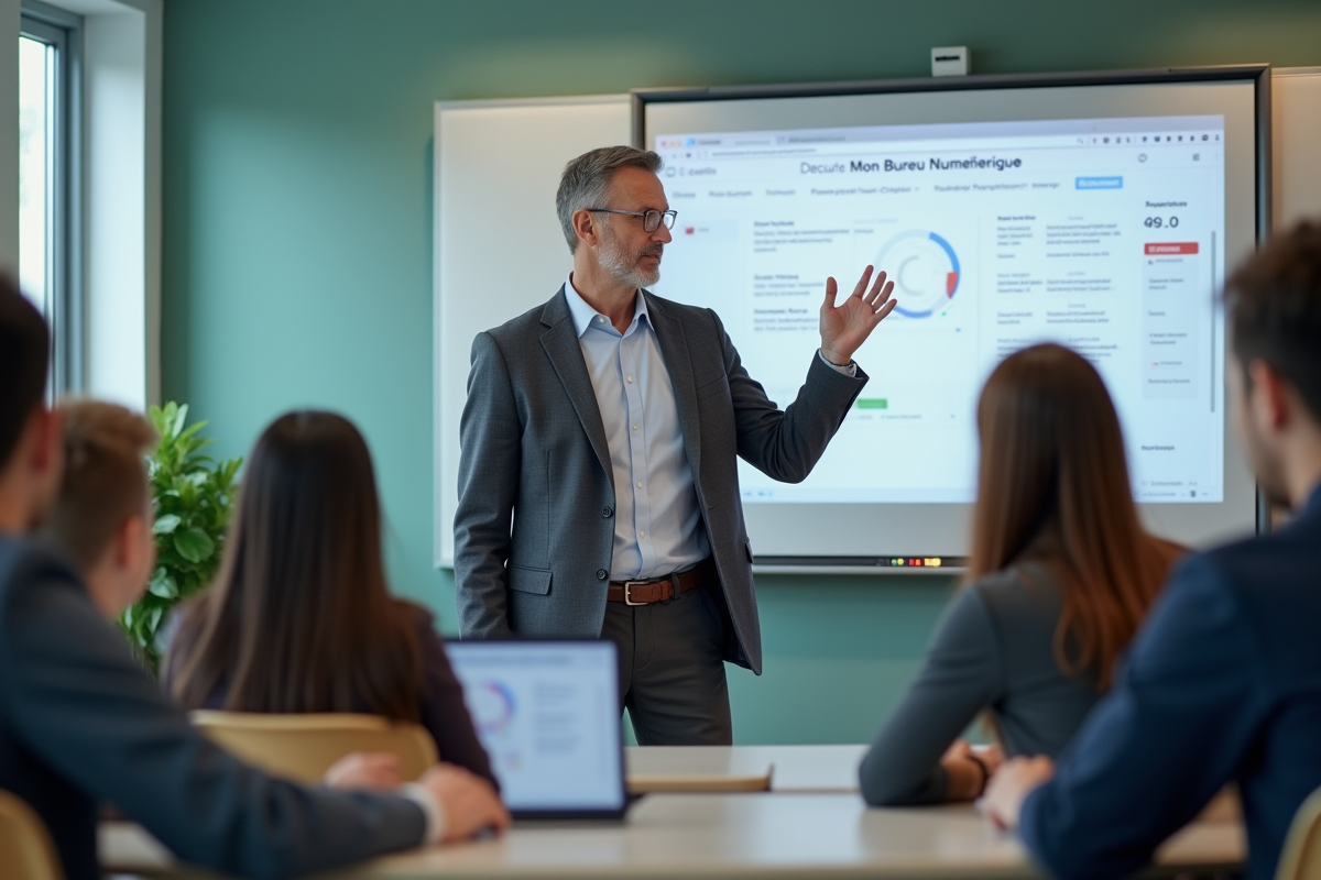 Professeur en blazer devant tableau numérique avec élèves utilisant des tablettes