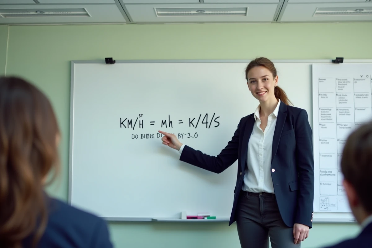 Professeure de collège expliquant la formule de conversion km/h en m/s au tableau blanc