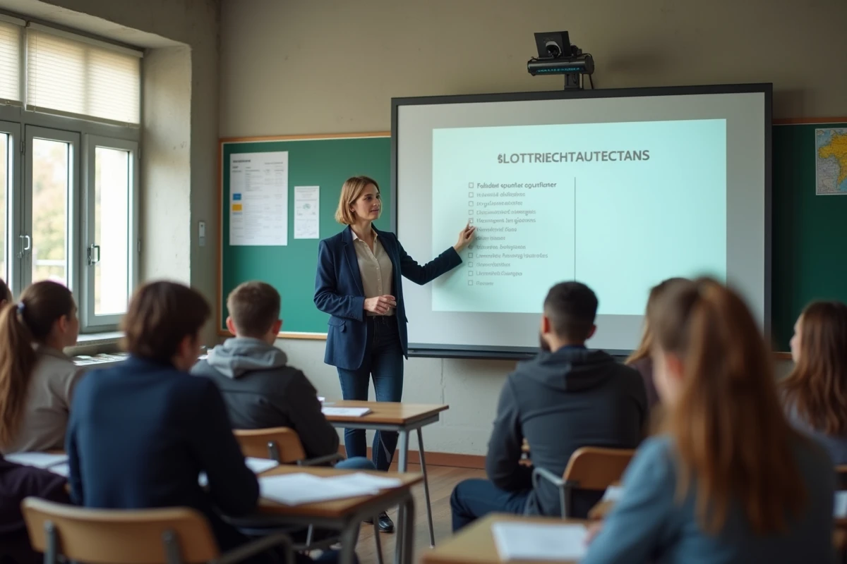 Professeure expliquant les options et le programme à des lycéens dans une grande salle de classe