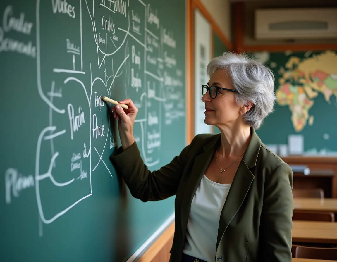 Professeure de philosophie expliquant les notions clés au tableau dans un lycée français pour préparer les élèves au Bac 2026