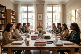 Groupe d'élèves et de professeurs particuliers travaillant ensemble autour d'une table dans un appartement parisien