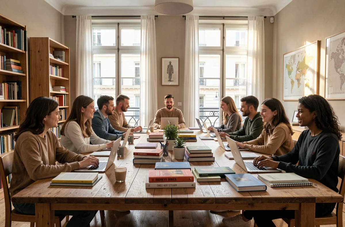 Groupe d'élèves et de professeurs particuliers travaillant ensemble autour d'une table dans un appartement parisien