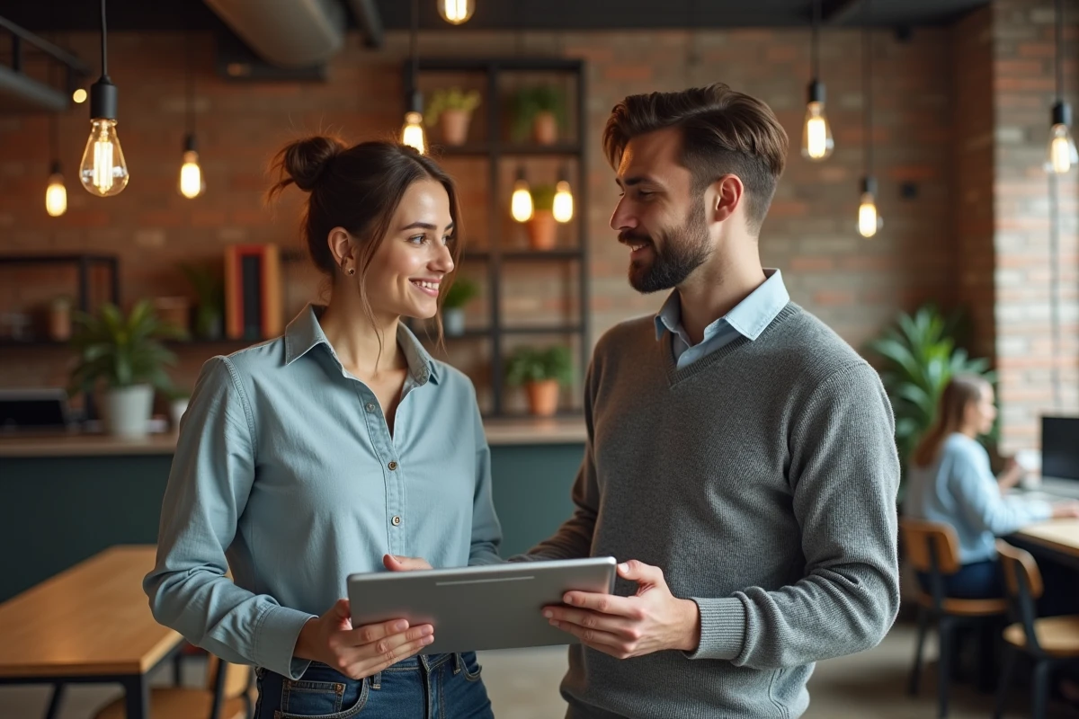 Deux professionnels en espace de coworking comparant les interfaces des plateformes Neomagora et MyNEOMAgora sur tablette